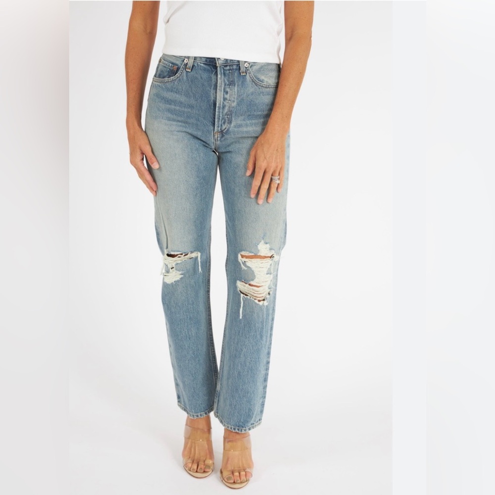 Agolde Light Blue Distressed Straight Leg Jeans